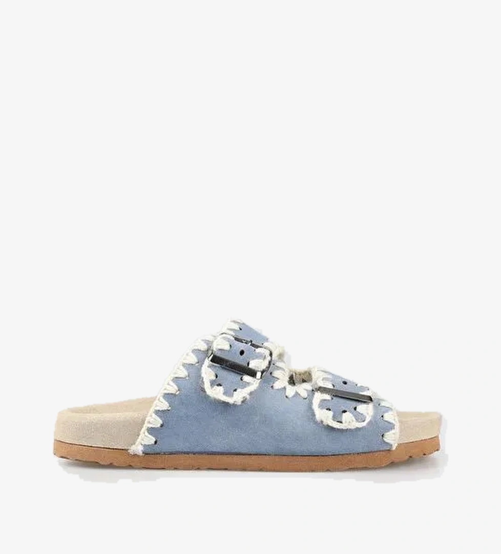 Mavi Deri Kadın Düz Terlik - Görsel 1