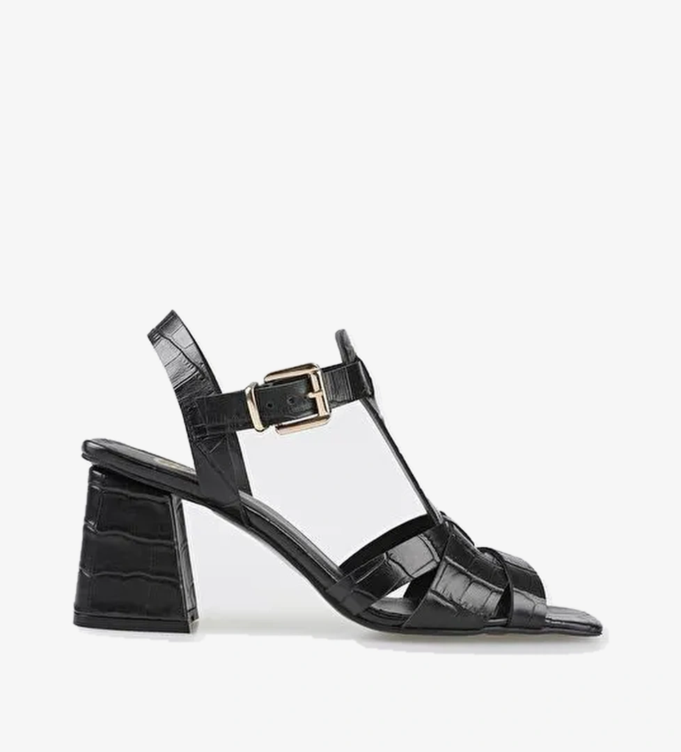 Siyah Deri Kadın Topuklu Sandalet - Görsel 1