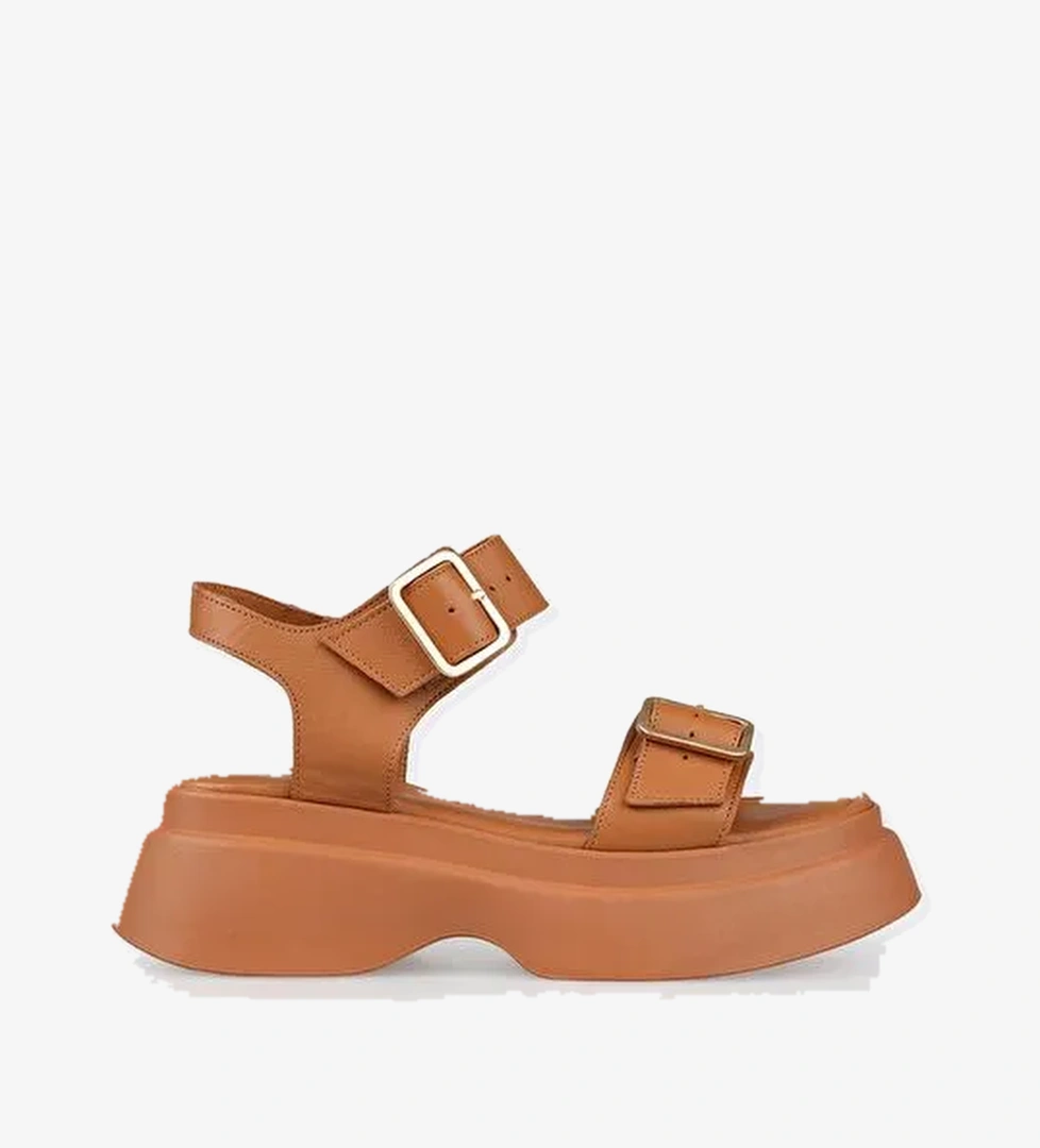 Taba Deri Kadın Dolgu Topuk Sandalet - Görsel 1