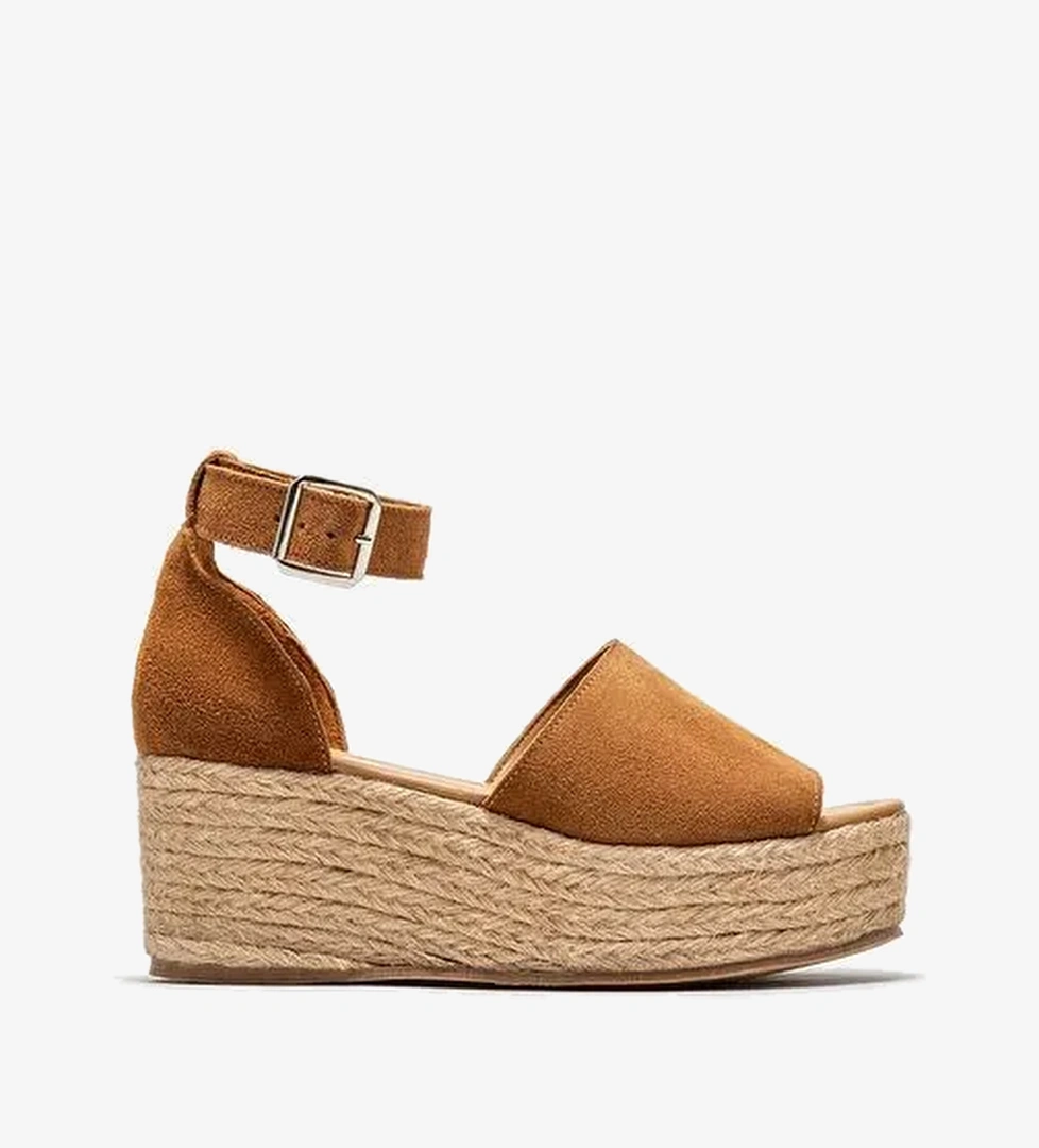 Taba Deri Kadın Dolgu Topuklu Sandalet - Görsel 1