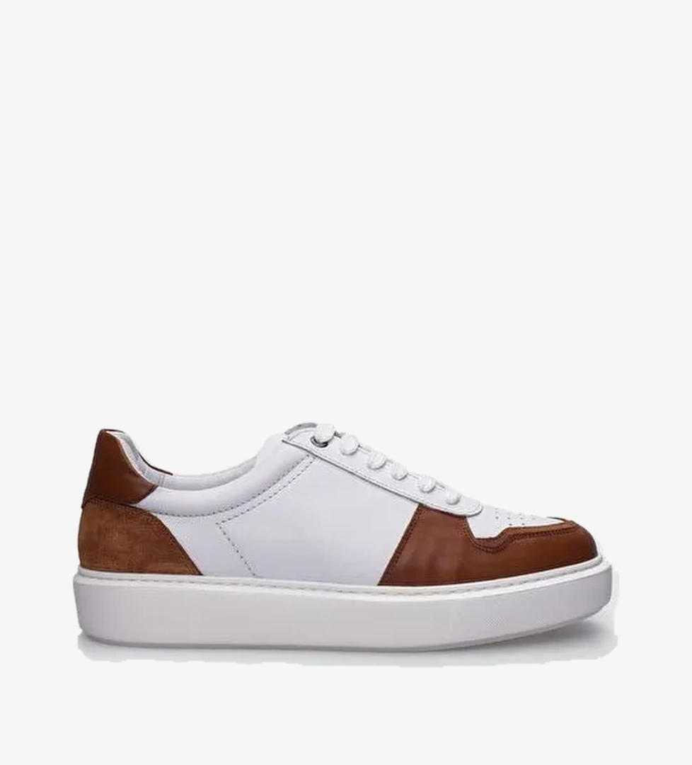%100 Hakiki Deri Beyaz - Taba Bağcıklı Erkek Sneaker - Görsel 1
