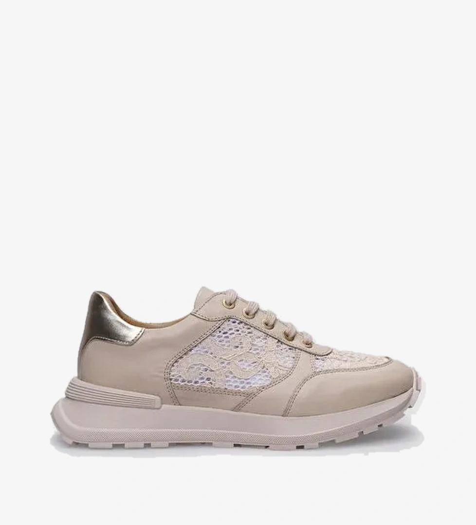 %100 Hakiki Deri Bej Bağcıklı Kadın Spor Ayakkabı - Görsel 1