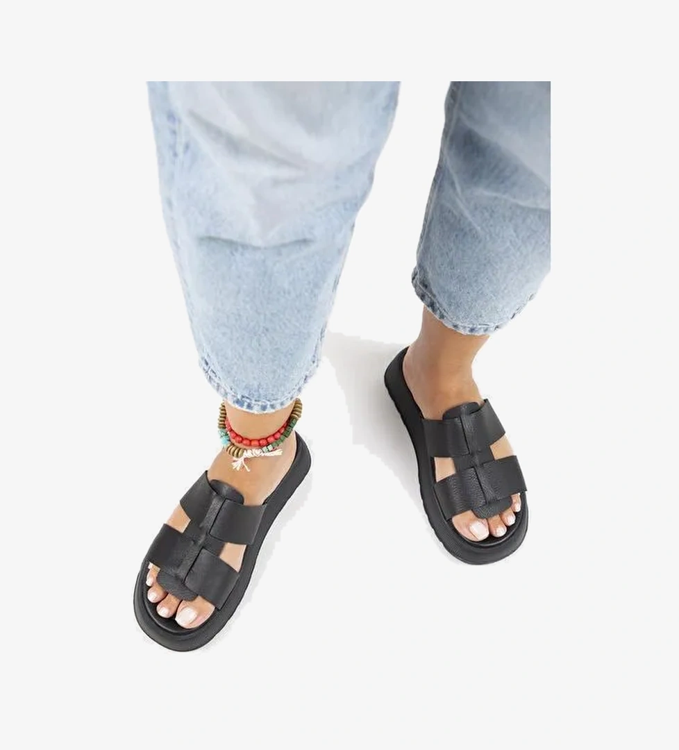 Manijero Paris Kadın Hakiki Deri Çift Bantlı Siyah Terlik - Görsel 1