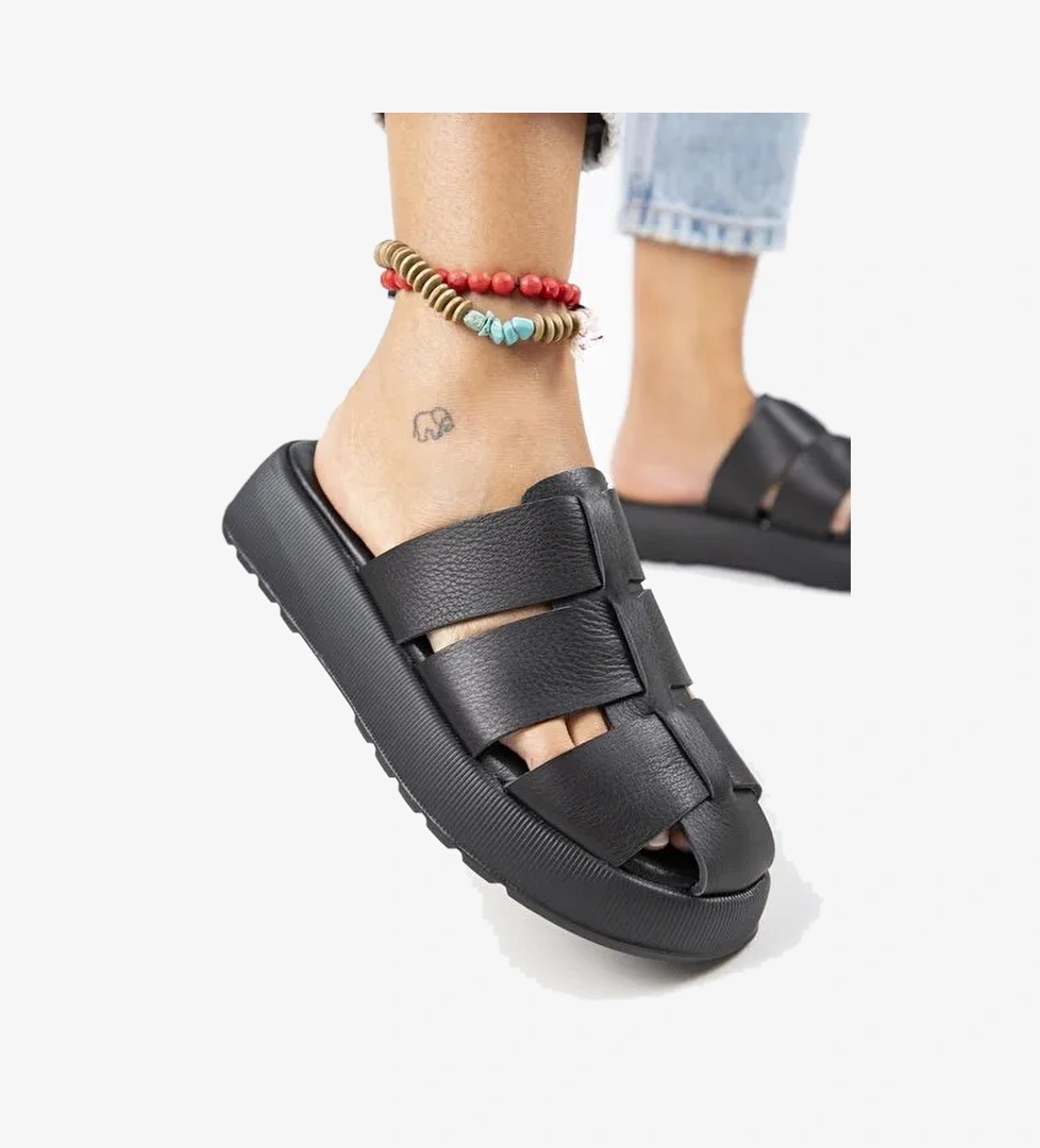 Manijero Rodin Kadın Hakiki Deri Üç Bantlı Sabo Siyah Terlik - Görsel 1