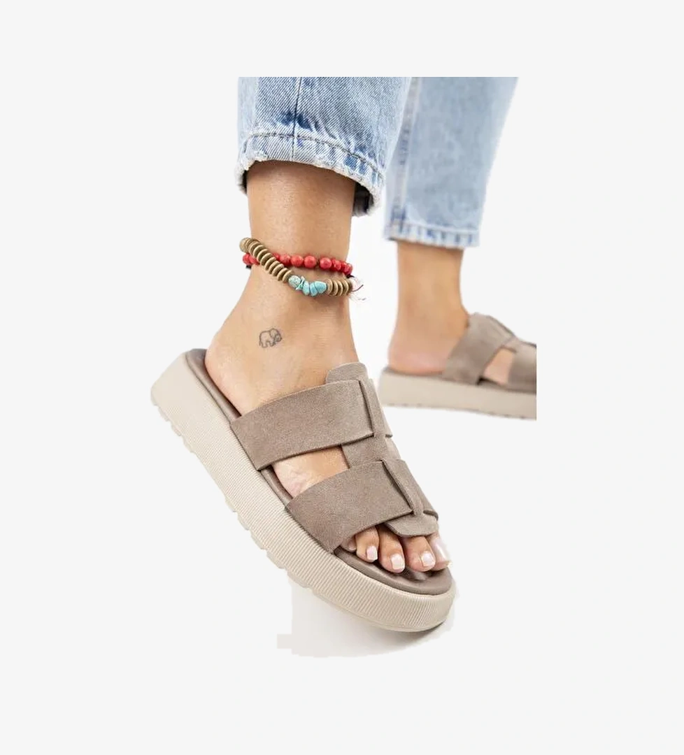 Manijero Paris Kadın Hakiki Deri Çift Bantlı Vizon Terlik - Görsel 1