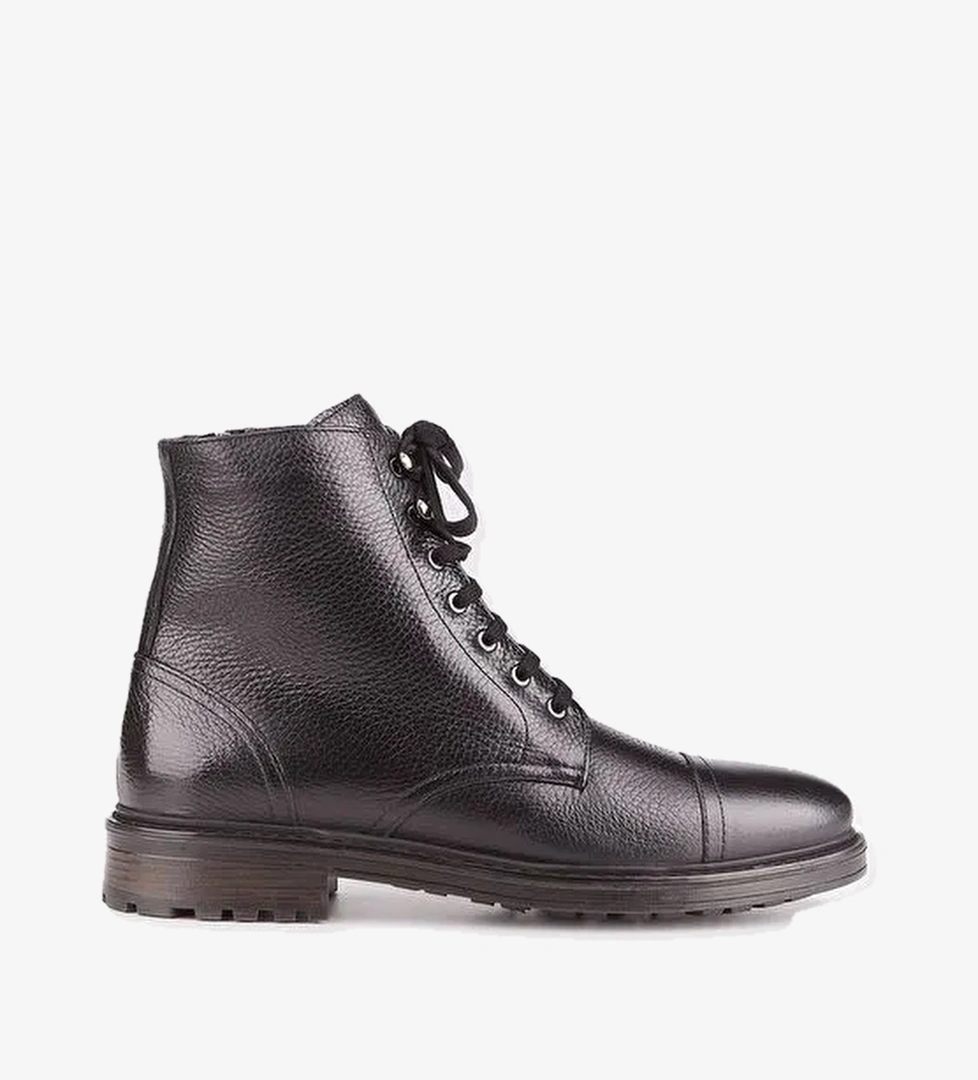Hakiki Deri Termo Taban Siyah Bağcıklı Fermuarlı Erkek Günlük Bot - Görsel 1
