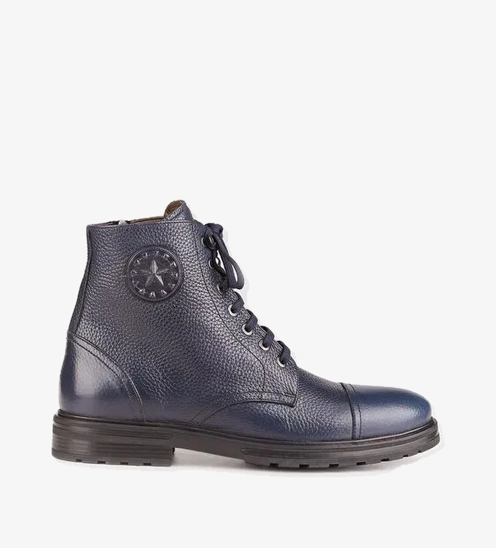 Hakiki Deri Lacivert Bağcıklı Fermuarlı Erkek Günlük Bot - Görsel 1
