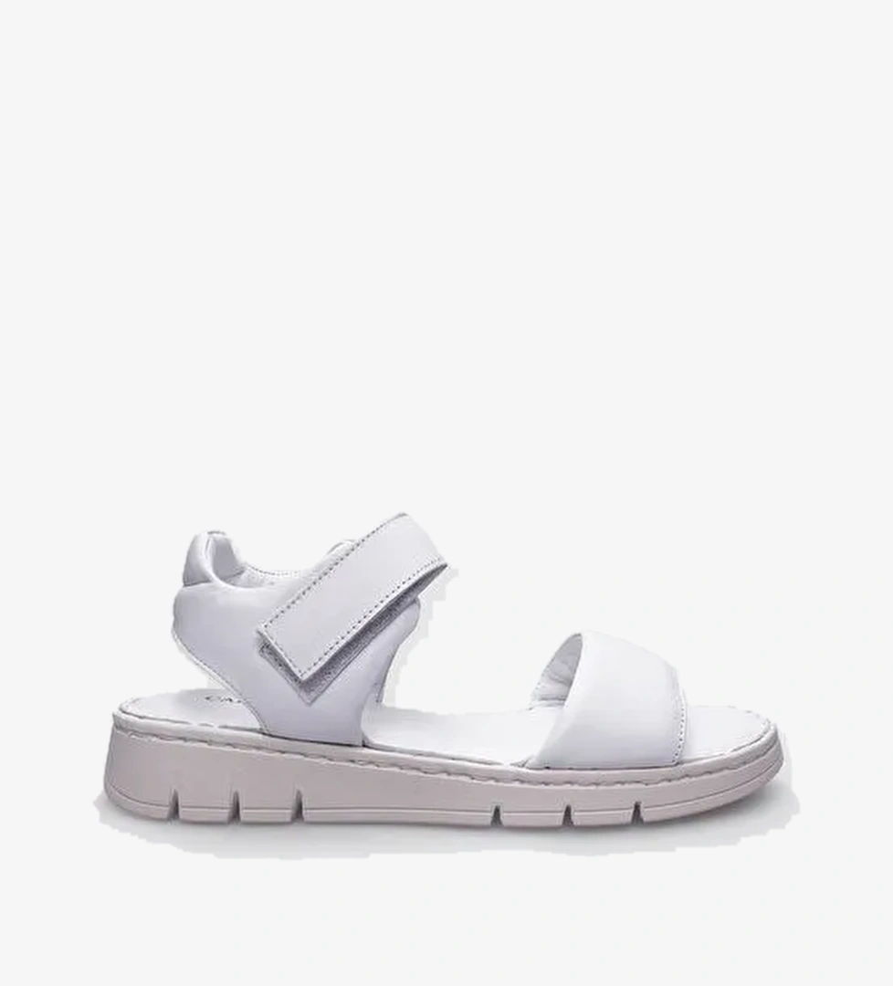 %100 Hakiki Deri Beyaz Cırt Cırt Kapamalı Kadın Sandalet - Görsel 1