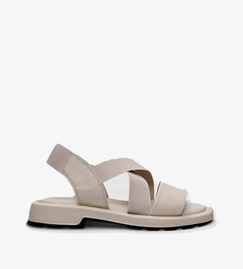 %100 Hakiki Deri Bej Lastikli Kadın Sandalet - Görsel 1