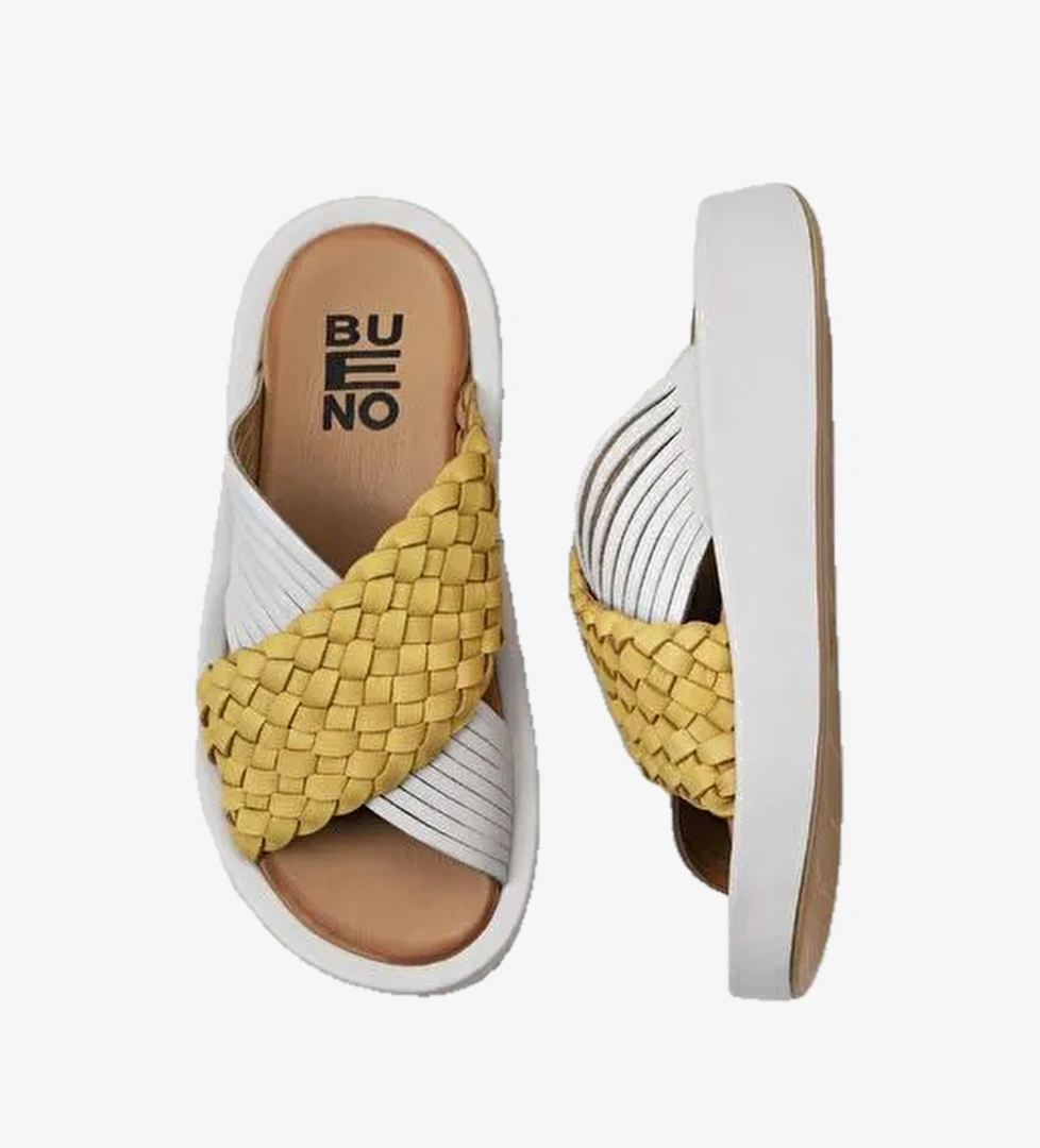Bueno Shoes Sarı Beyaz Deri Kadın Dolgu Topuklu Terlik 01wu4624