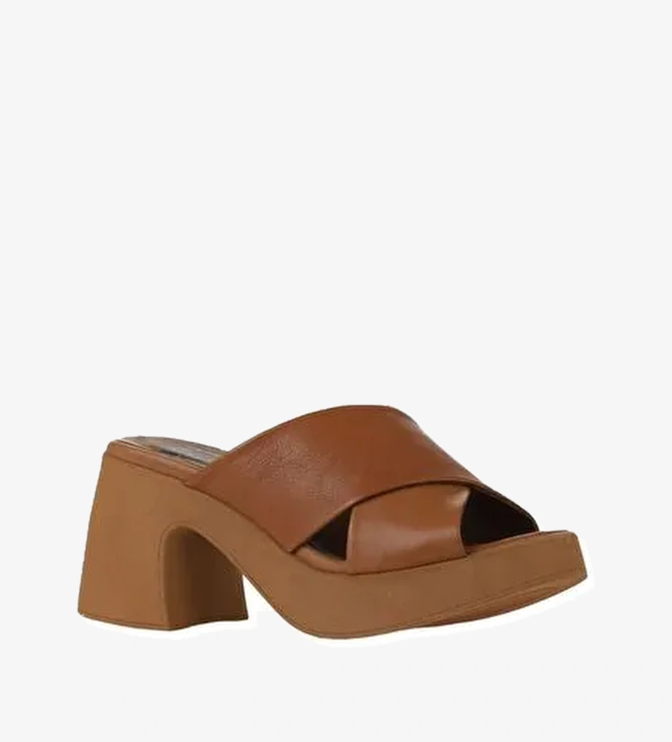 Bueno Shoes Taba Koyu Deri Kadın Topuklu Terlik 01wy12201 - Görsel 1