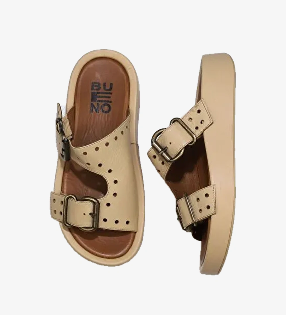 Bueno Shoes Bej Deri Kadın Dolgu Topuklu Terlik 01wu4603