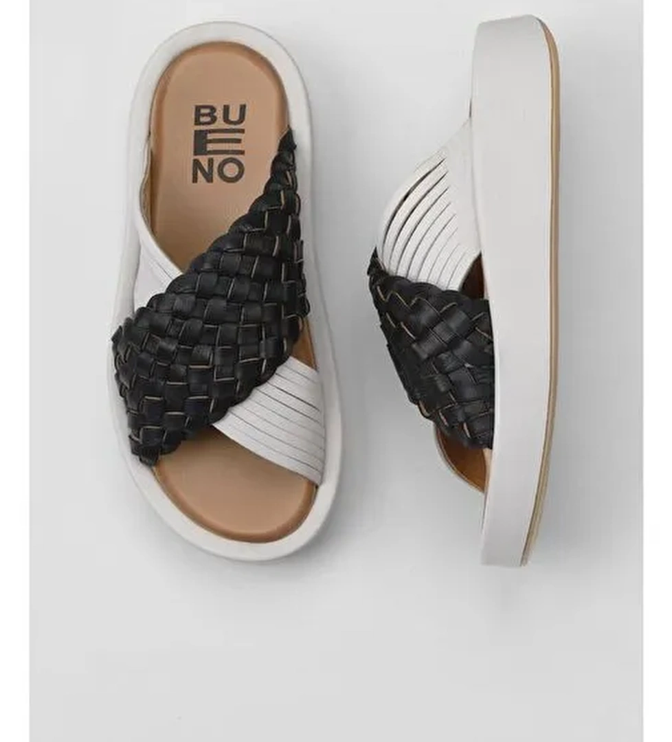 Bueno Shoes Siyah Beyaz Deri Kadın Dolgu Topuklu Terlik 01wu4624 - Görsel 1