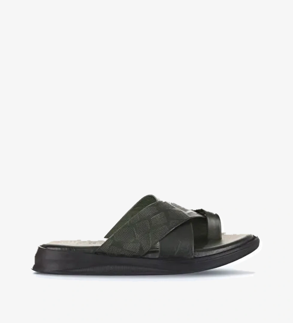 Bueno Shoes Haki Baskılı Deri Erkek Düz Terlik 25mt2232 - Görsel 1