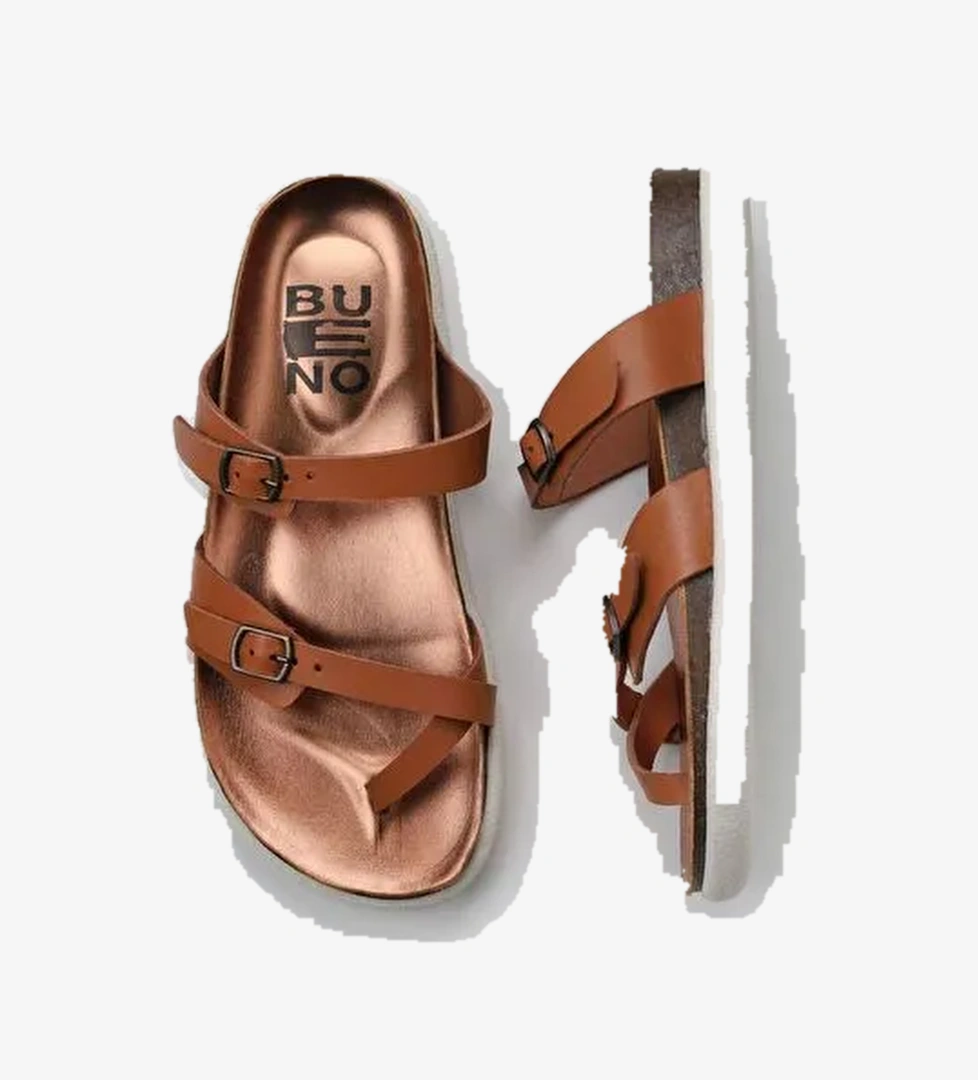 Bueno Shoes Taba Parlak Deri Kadın Parmak Arası Terlik 01ws11000 - Görsel 1