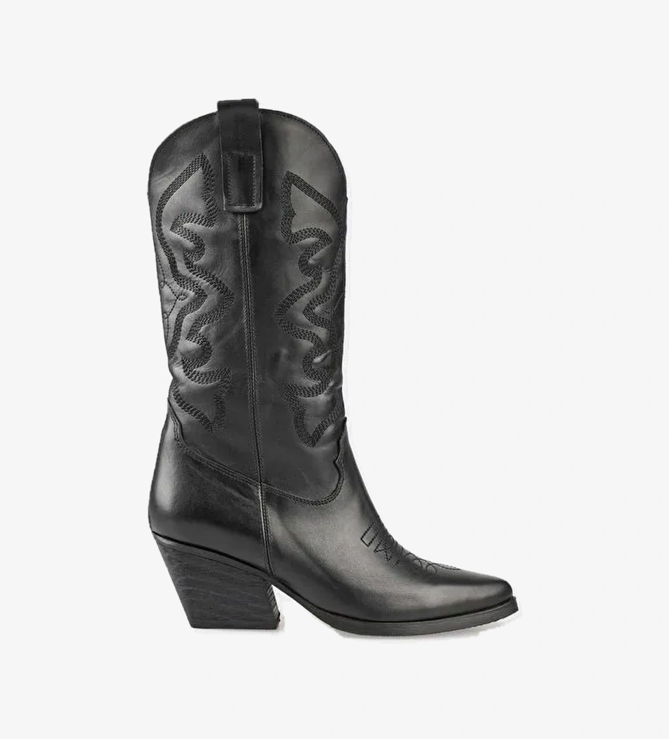 Siyah Deri Kadın Western Çizme - Görsel 1