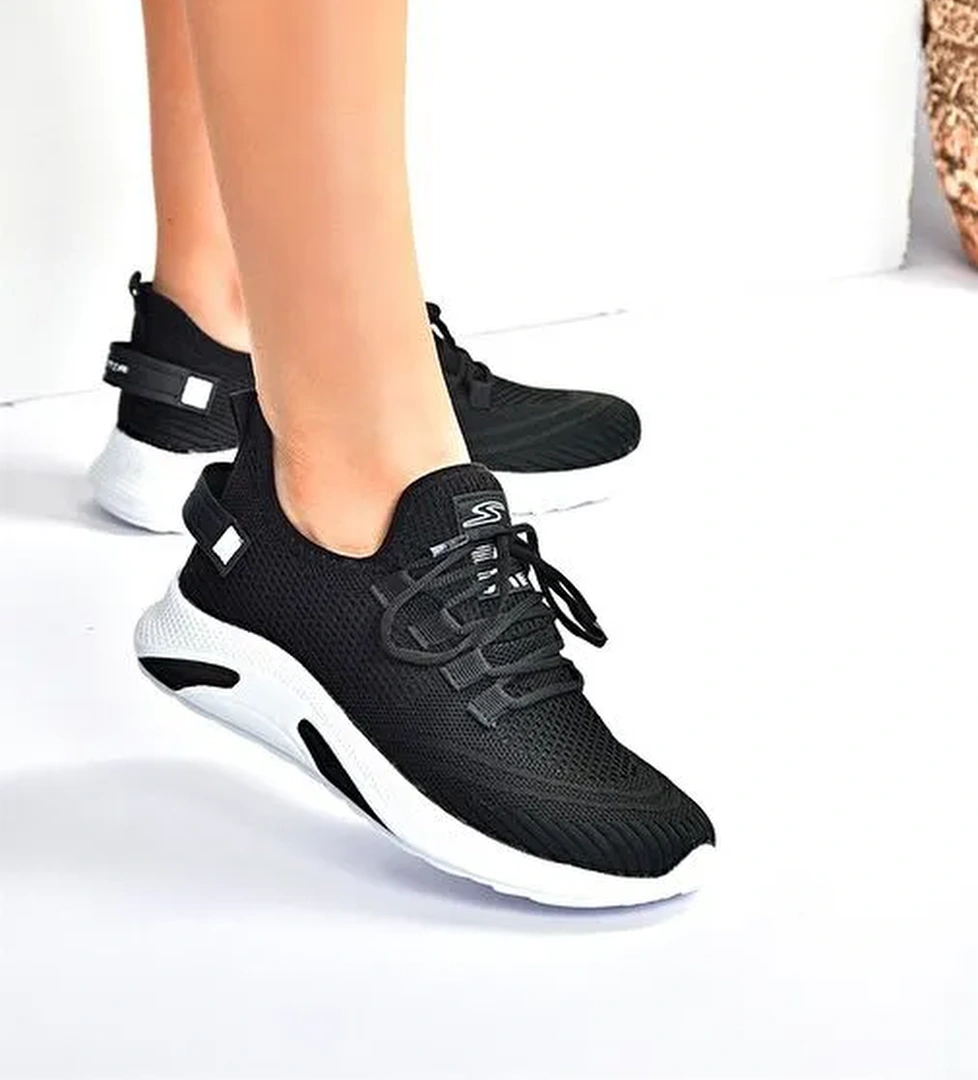 Siyah/Beyaz Triko Kumaş Kadın Spor Ayakkabı M702006204 - Görsel 1