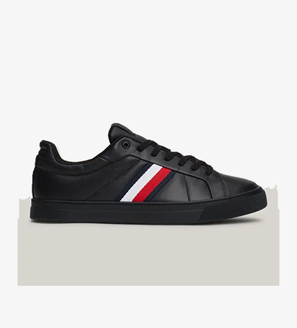 Tommy Hilfiger Siyah Erkek Deri Sneaker ICON COURT LTH STRIPES - Görsel 1