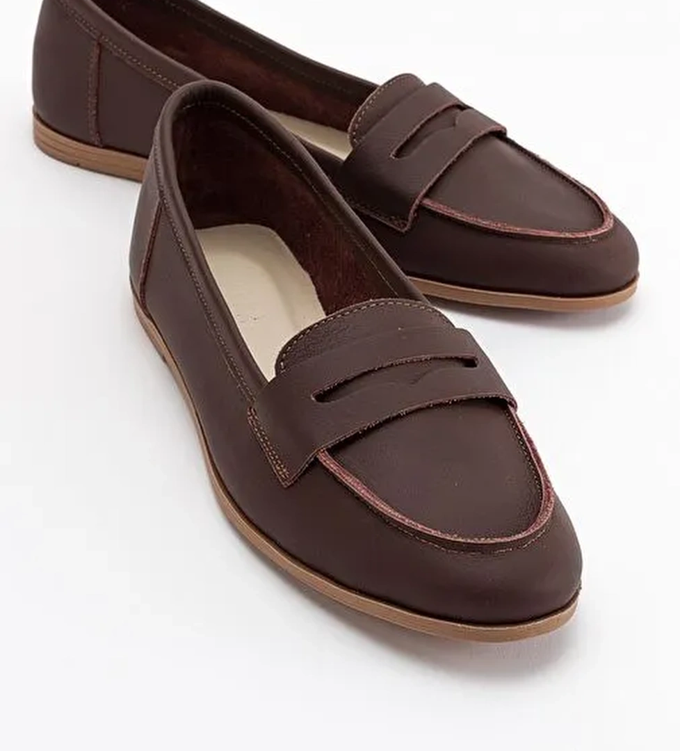 F02 Kahve Cilt Hakiki Deri Kadın Loafer Ayakkabı - Görsel 1