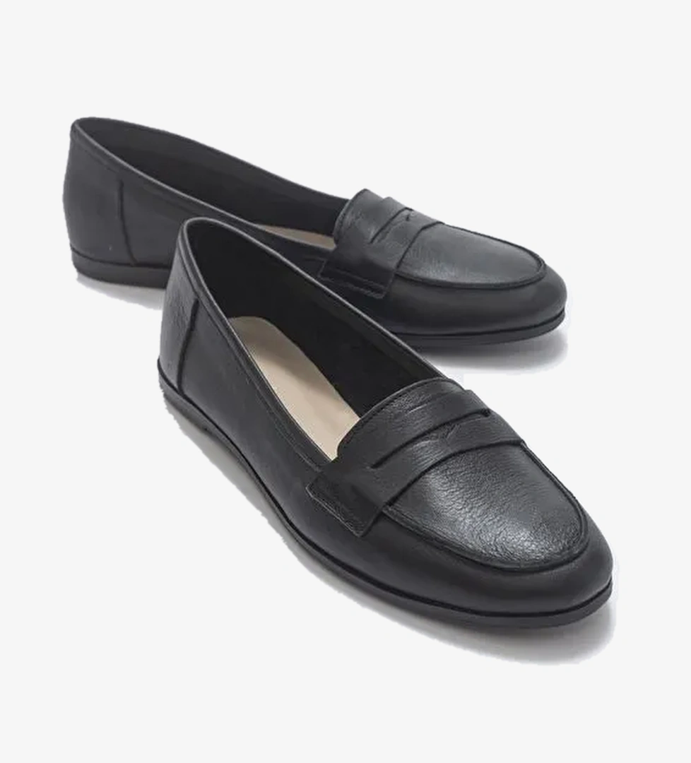 F02 Siyah Cilt Hakiki Deri Kadın Loafer Ayakkabı - Görsel 1
