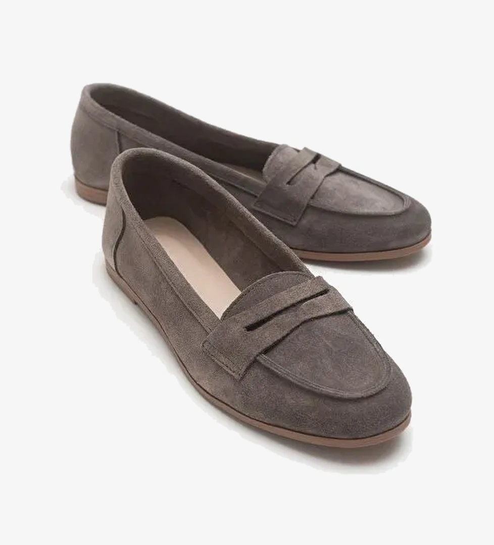 F02 Vizon Süet Hakiki Deri Kadın Loafer Ayakkabı - Görsel 1