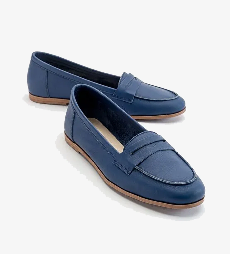 F02 Lacivert Cilt Hakiki Deri Kadın Loafer Ayakkabı - Görsel 1