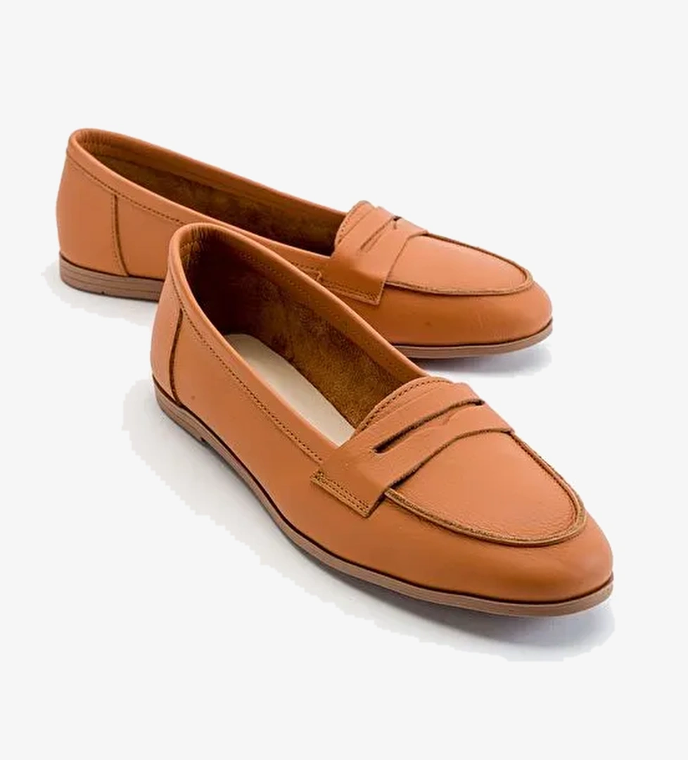 F02 Taba Cilt Hakiki Deri Kadın Loafer Ayakkabı - Görsel 1
