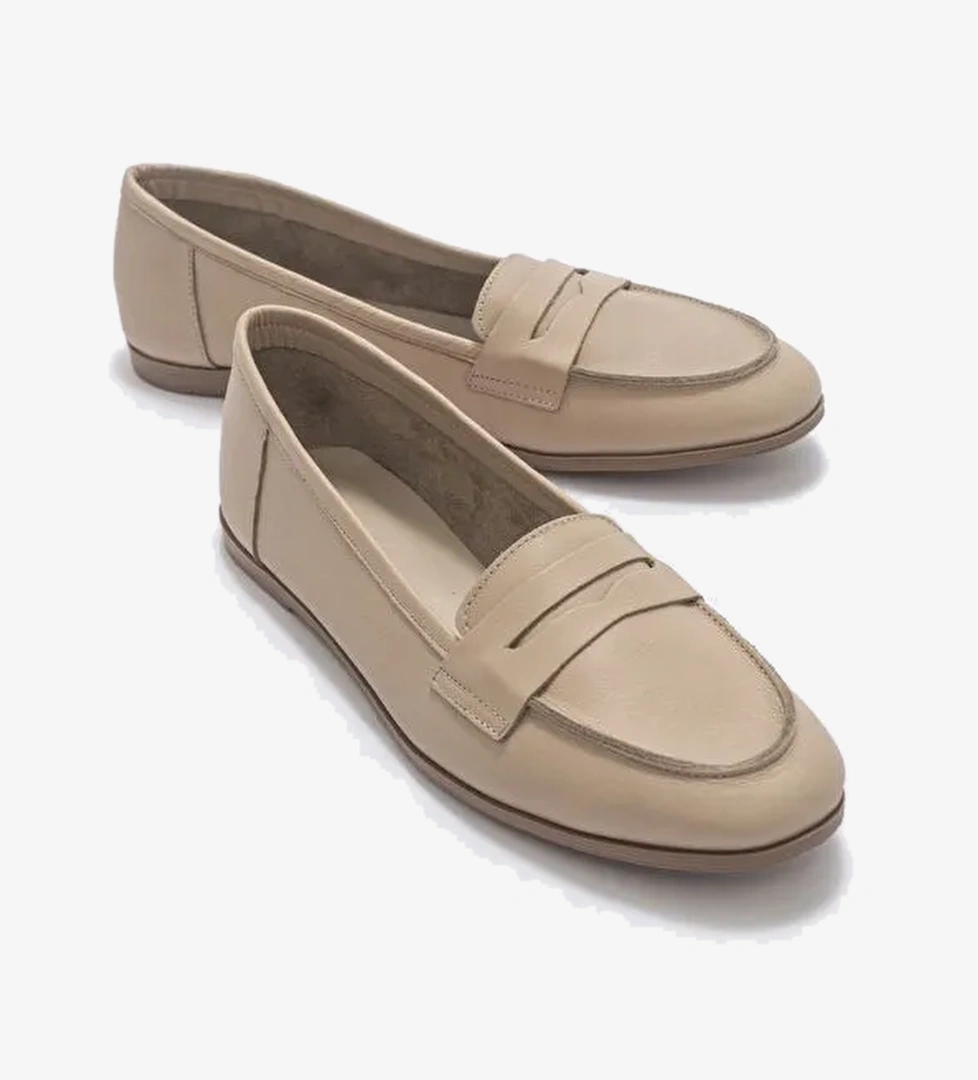 F02 Biskuvi Cilt Hakiki Deri Kadın Loafer Ayakkabı - Görsel 1