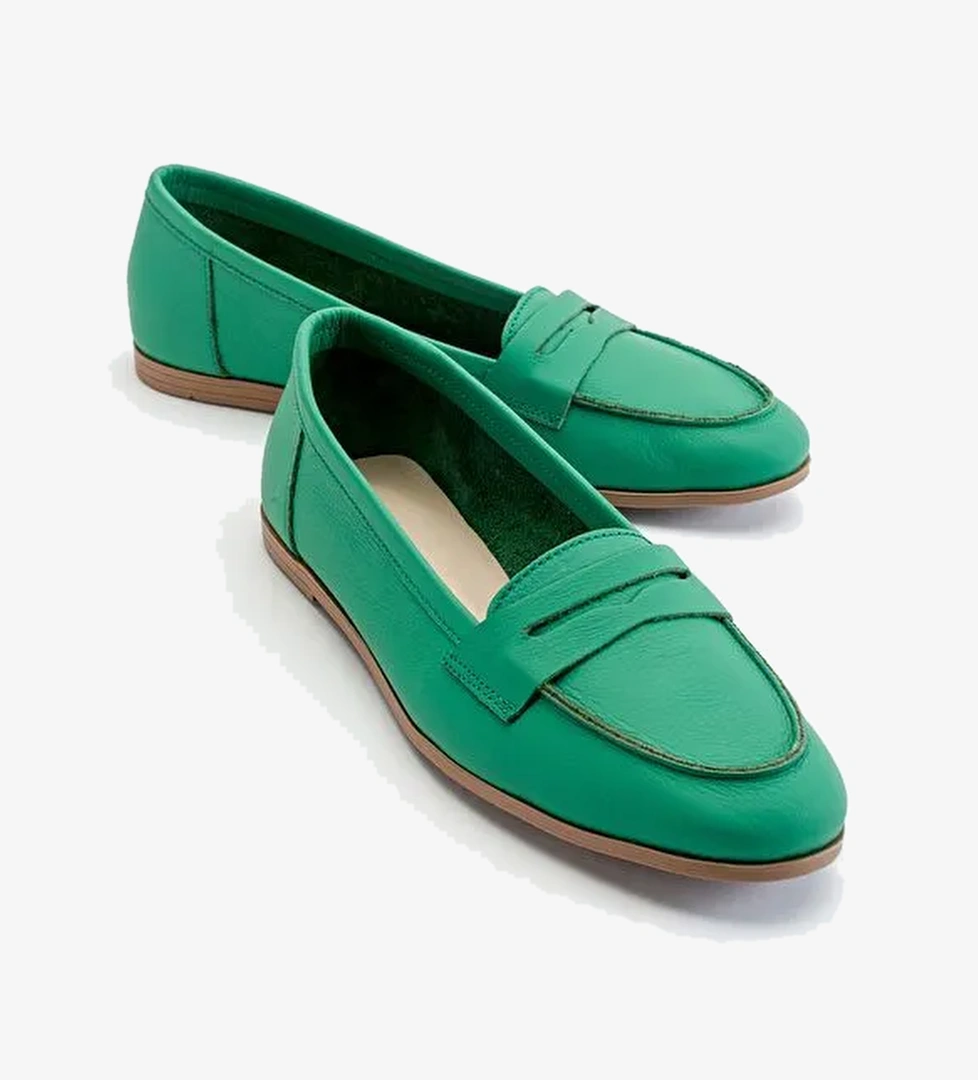 F02 Yeşil Cilt Hakiki Deri Kadın Loafer Ayakkabı - Görsel 1