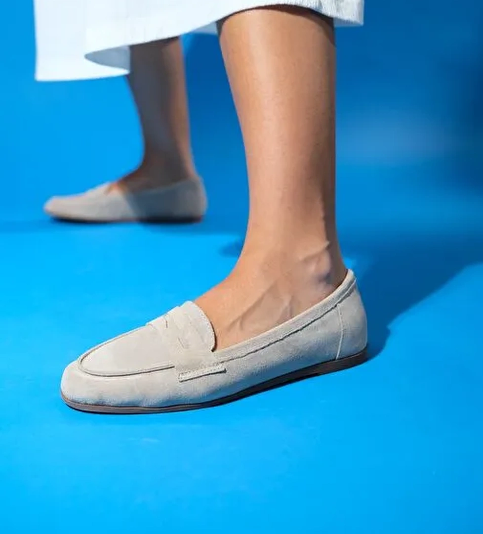 F02 Bej Süet Hakiki Deri Kadın Loafer Ayakkabı - Görsel 1