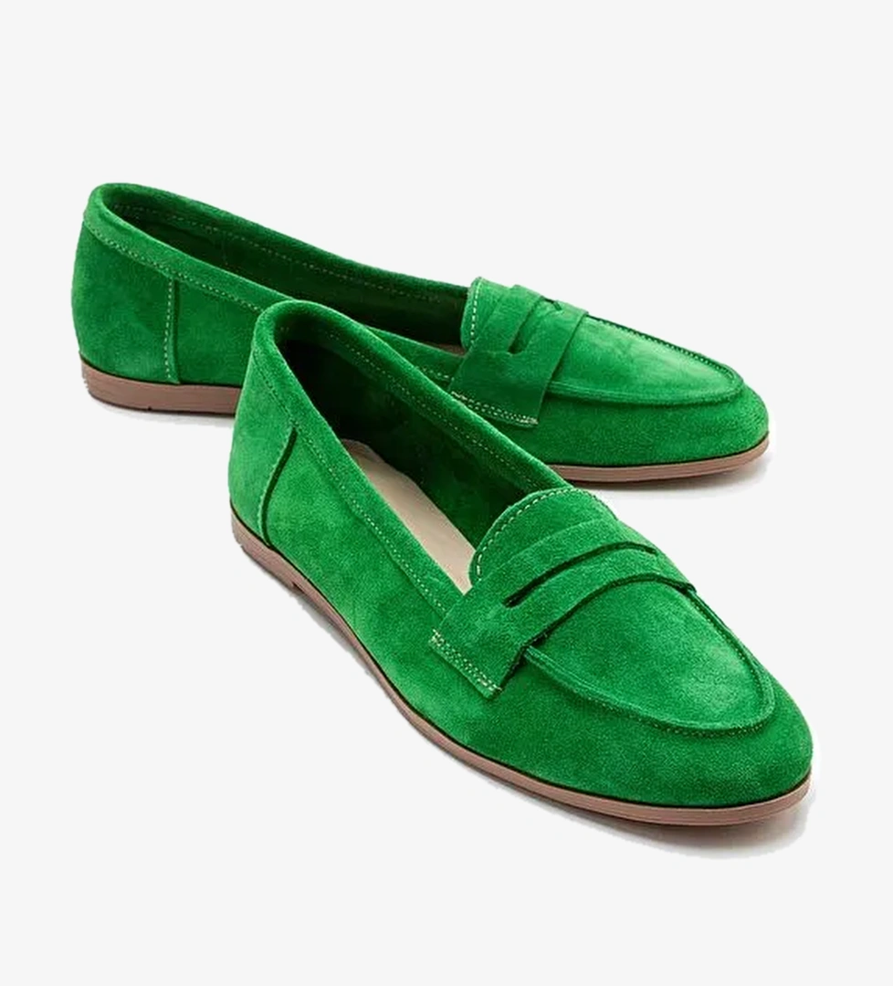 F02 Çim Yeşili Süet Hakiki Deri Kadın Loafer Ayakkabı - Görsel 1