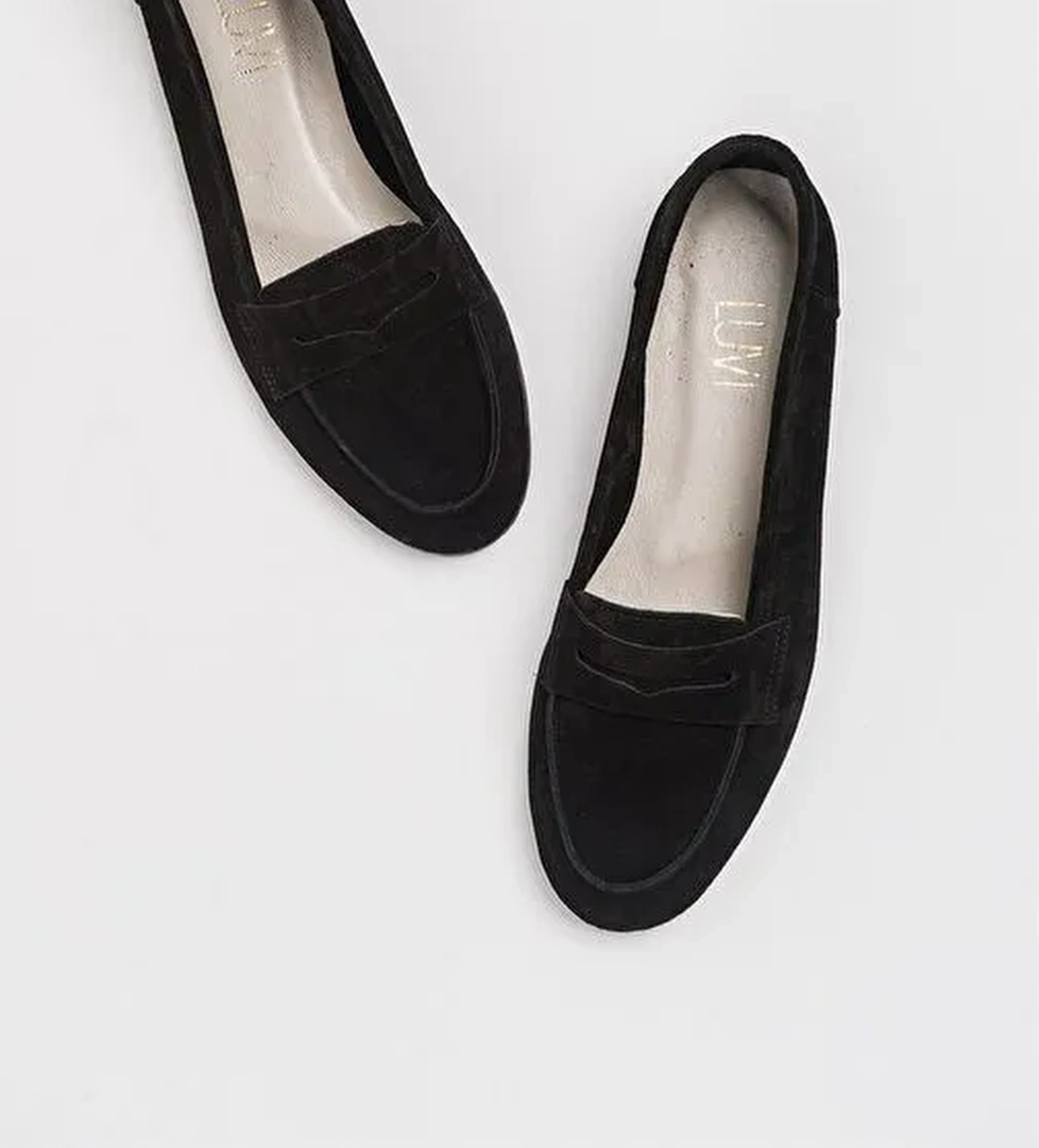 F02 Siyah Süet Hakiki Deri Kadın Loafer Ayakkabı - Görsel 1