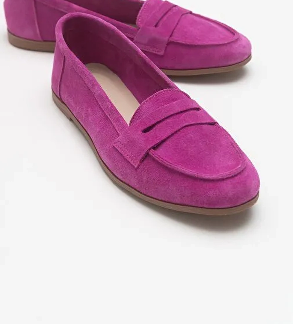 F02 Fuşya Süet Hakiki Deri Kadın Loafer Ayakkabı - Görsel 1