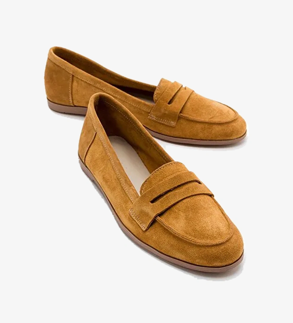 F02 Hardal Süet Hakiki Deri Kadın Loafer Ayakkabı - Görsel 1