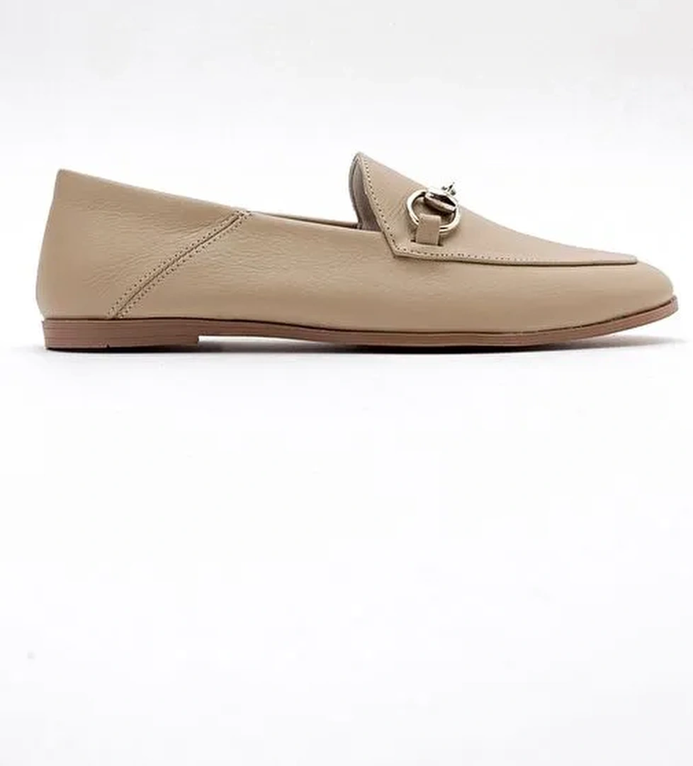 F03 Bisküvi Cilt Hakiki Deri Kadın Loafer Ayakkabı - Görsel 1