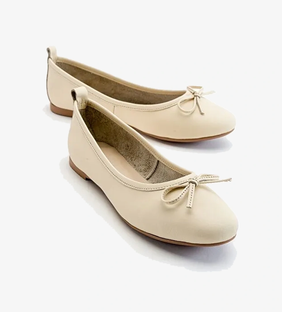 01 Ekru Bej Hakiki Deri Kadın Babet Ayakkabı - Görsel 1