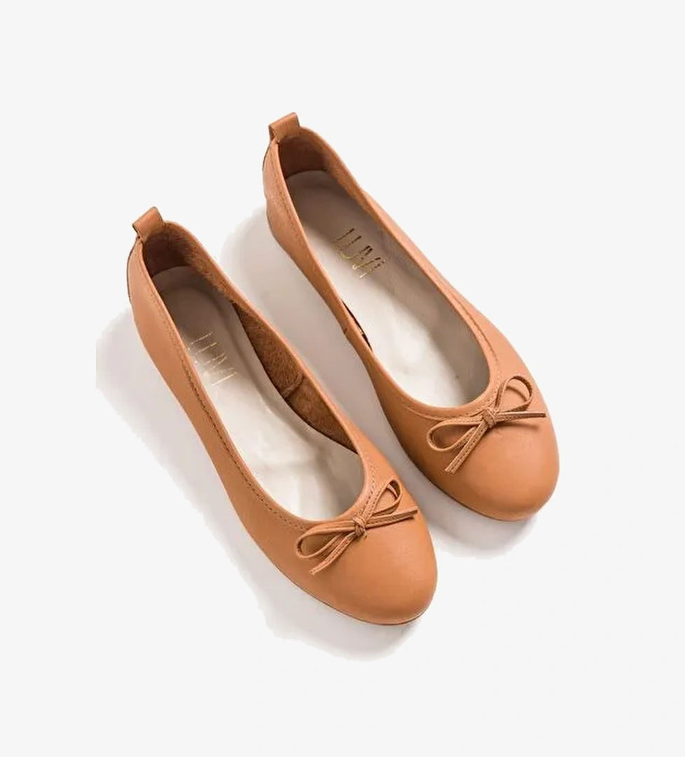 01 Taba Cilt Hakiki Deri Kadın Babet Ayakkabı - Görsel 1