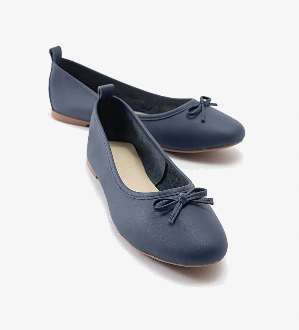 01 Lacivert Cilt Hakiki Deri Kadın Babet Ayakkabı - Görsel 1