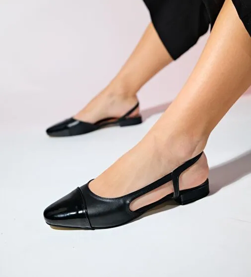 LUJO Siyah Cilt Kadın Arkası Açık Düz Babet Ayakkabı - Görsel 1