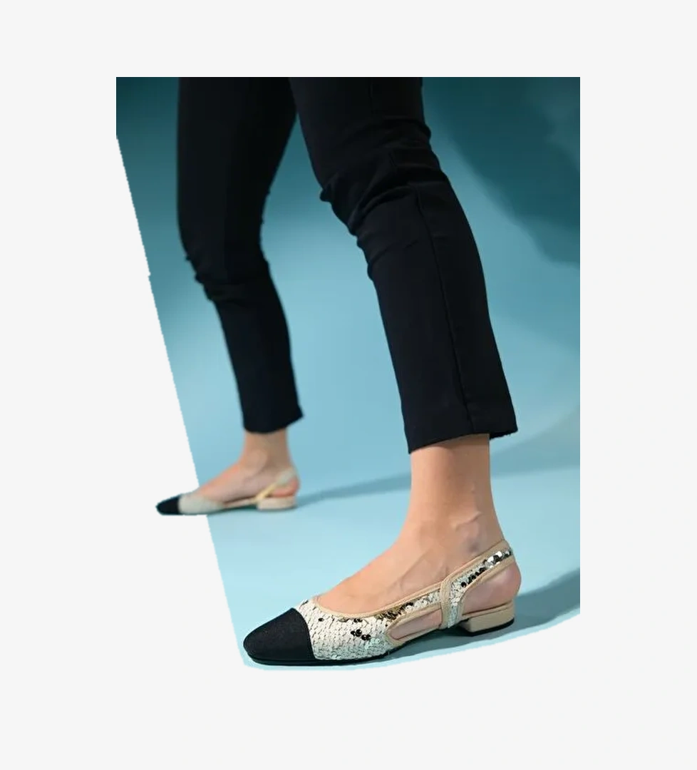 LUJO Altın Payetli Kadın Arkası Açık Düz Babet Ayakkabı - Görsel 1