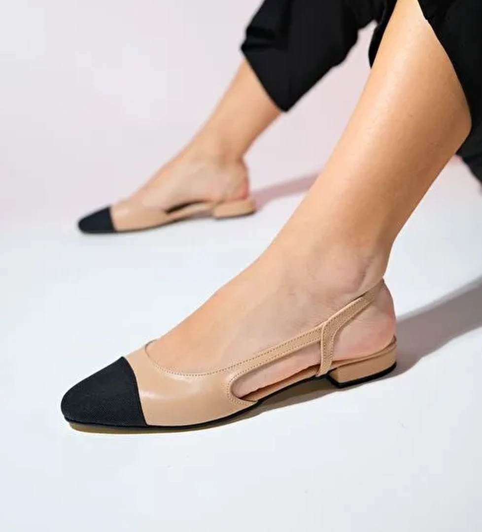 LUJO Bej Cilt Kadın Arkası Açık Düz Babet Ayakkabı - Görsel 1