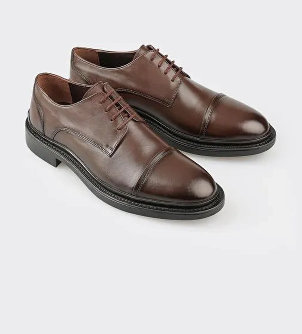 Elle Kahverengi Erkek Deri Klasik Ayakkabı ARESTEG - Görsel 1