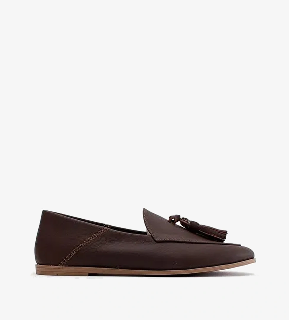 F04 Kahve Cilt Hakiki Deri Püsküllü Kadın Loafer Ayakkabı - Görsel 1