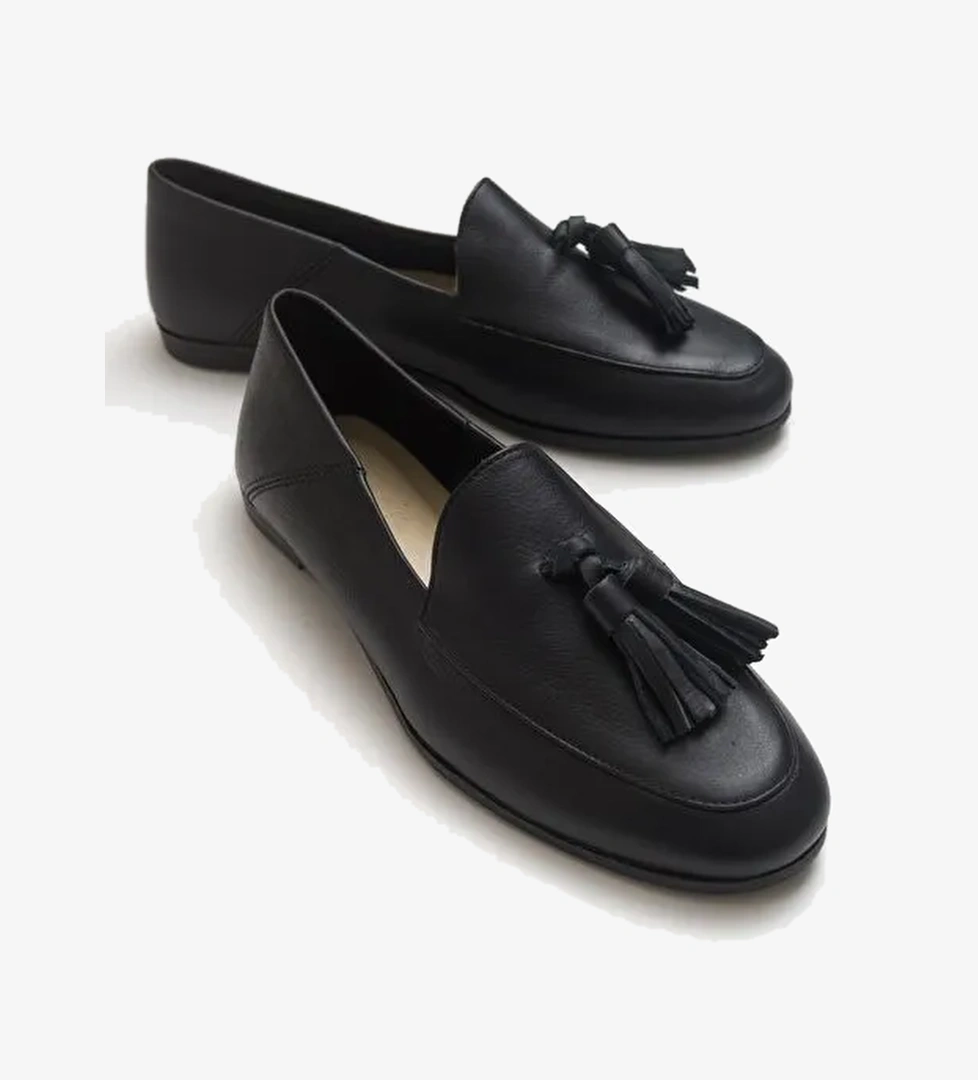 F04 Siyah Cilt Hakiki Deri Püsküllü Kadın Loafer Ayakkabı - Görsel 1