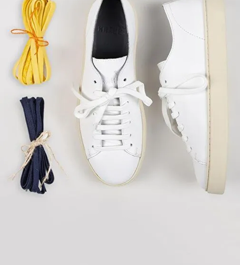 Krahe Ares Erkek Hakiki Deri El Boyamalı Bağcık Ve İki Yedek Bağcıklı Beyaz Sneakers - Görsel 1