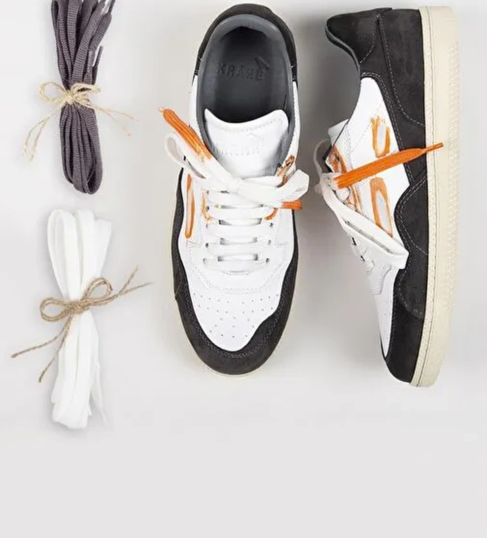 Krahe Artemis Erkek Hakiki Deri Eskitme El Boyamalı Bağcık Ve İki Yedek Bağcıklı Beyaz-Gri Sneakers - Görsel 1