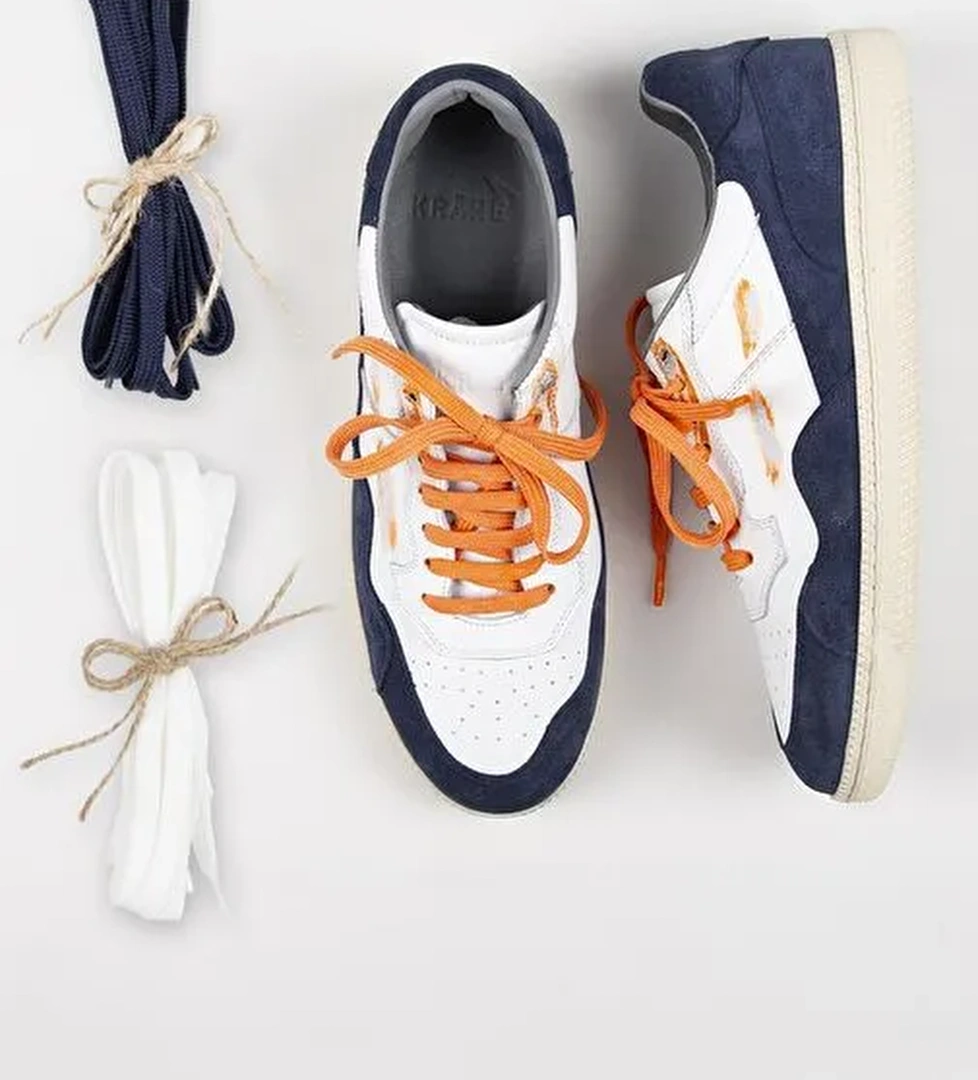 Krahe Artemis Erkek Hakiki Deri El Boyamalı Bağcık Ve İki Yedek Bağcıklı Beyaz-Açık Mavi Sneakers - Görsel 1