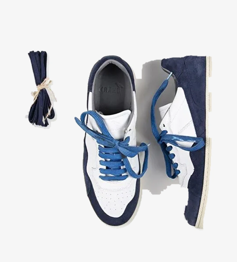 Krahe Artemis Erkek Hakiki Deri Eskitme El Boyamalı Bağcık Ve İki Yedek Bağcıklı Beyaz-Mavi Sneakers - Görsel 1