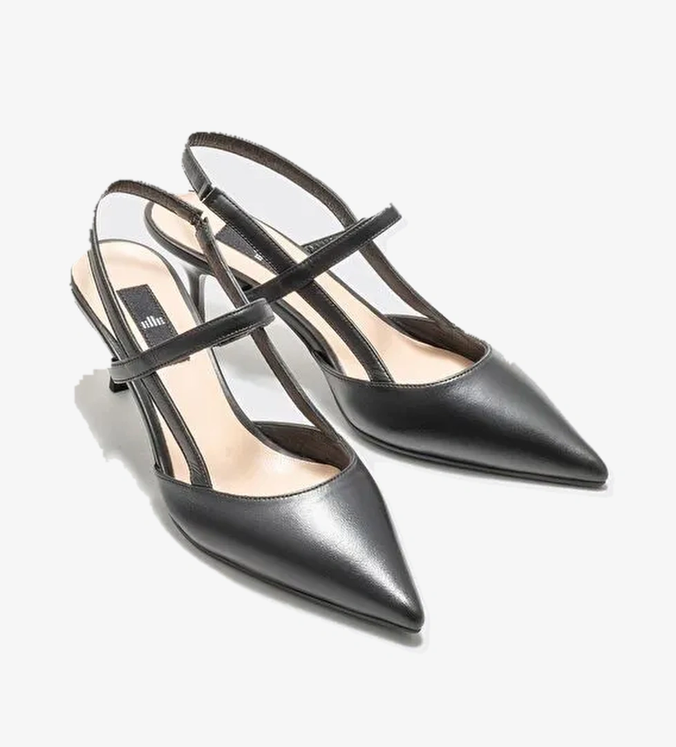 Siyah Deri Kadın Topuklu Ayakkabı - Görsel 1