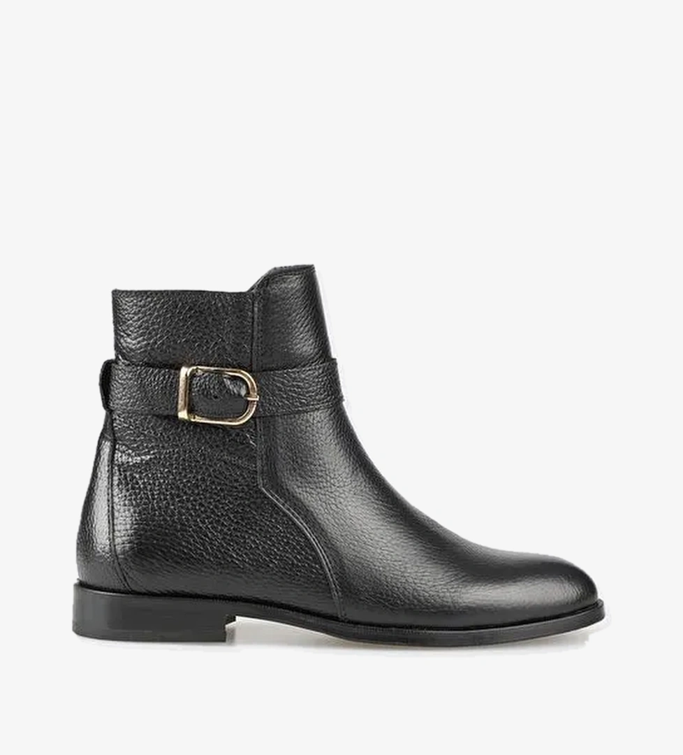 Siyah Deri Kadın Düz Bot - Görsel 1